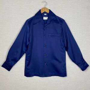 Vtg 70s Touch of Class Button Up Mens M Satin Blue Long Sleeve Disco Retro Party